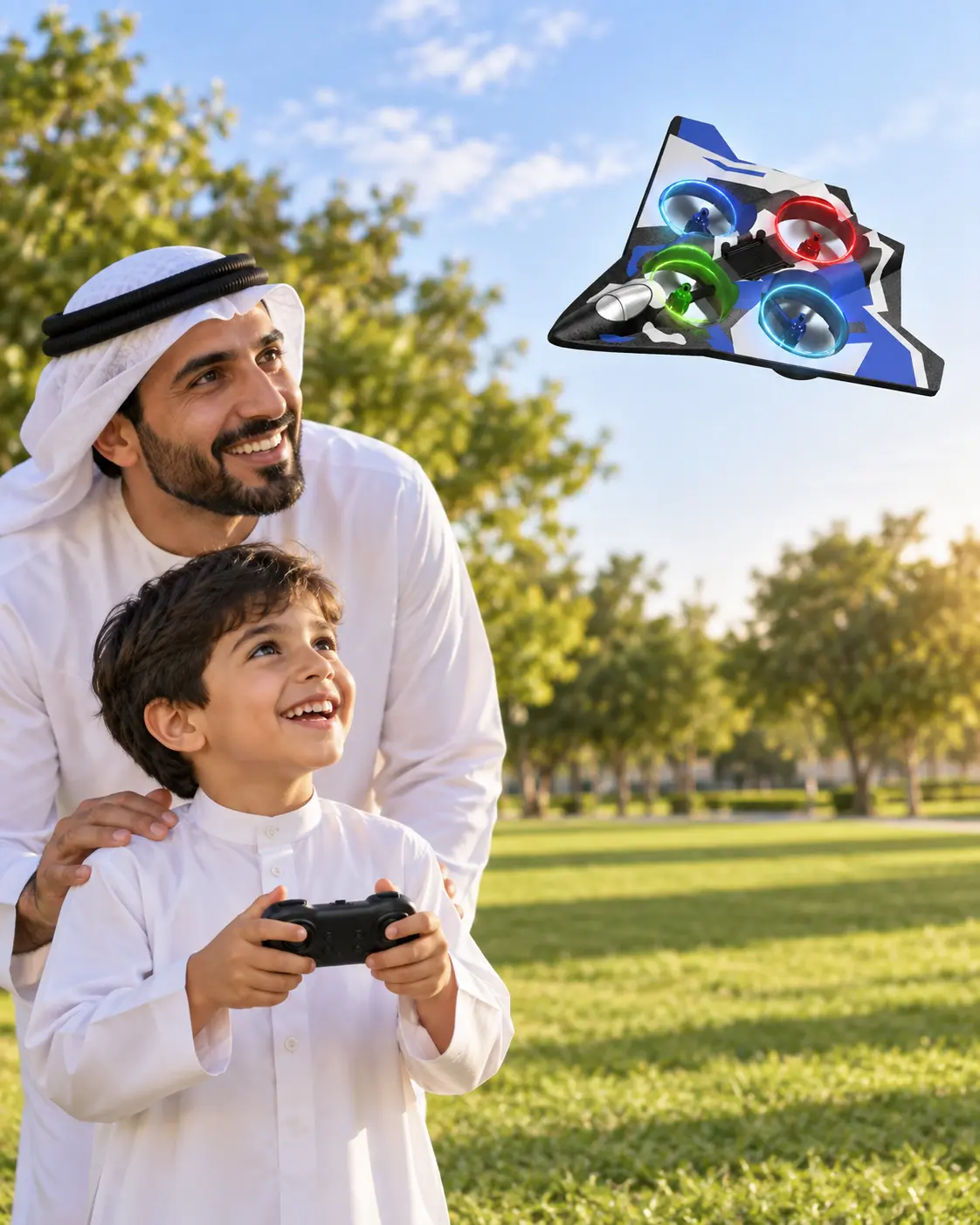 طفل ليبي يلعب بطائرة ريموت في مكان مفتوح